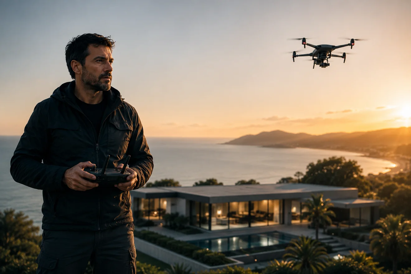Operação de drone para captação aérea de imóvel e paisagem