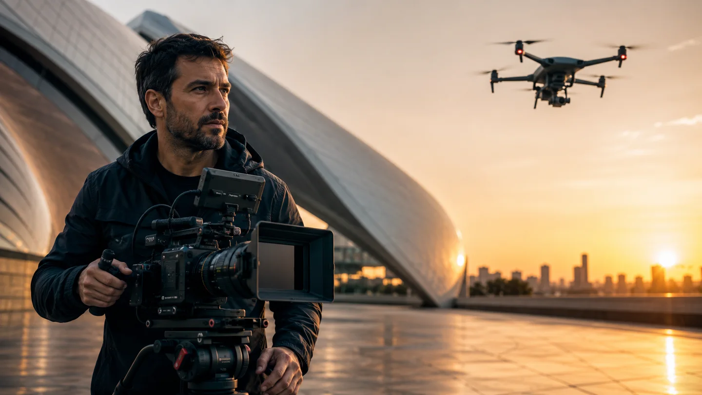 Videomaker com câmera profissional e drone em voo ao fundo